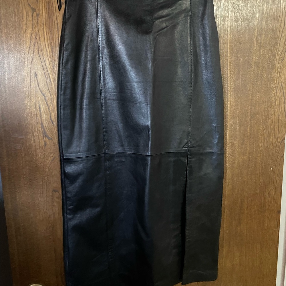 Black Leather Maxi Pencil Skirt with Slit